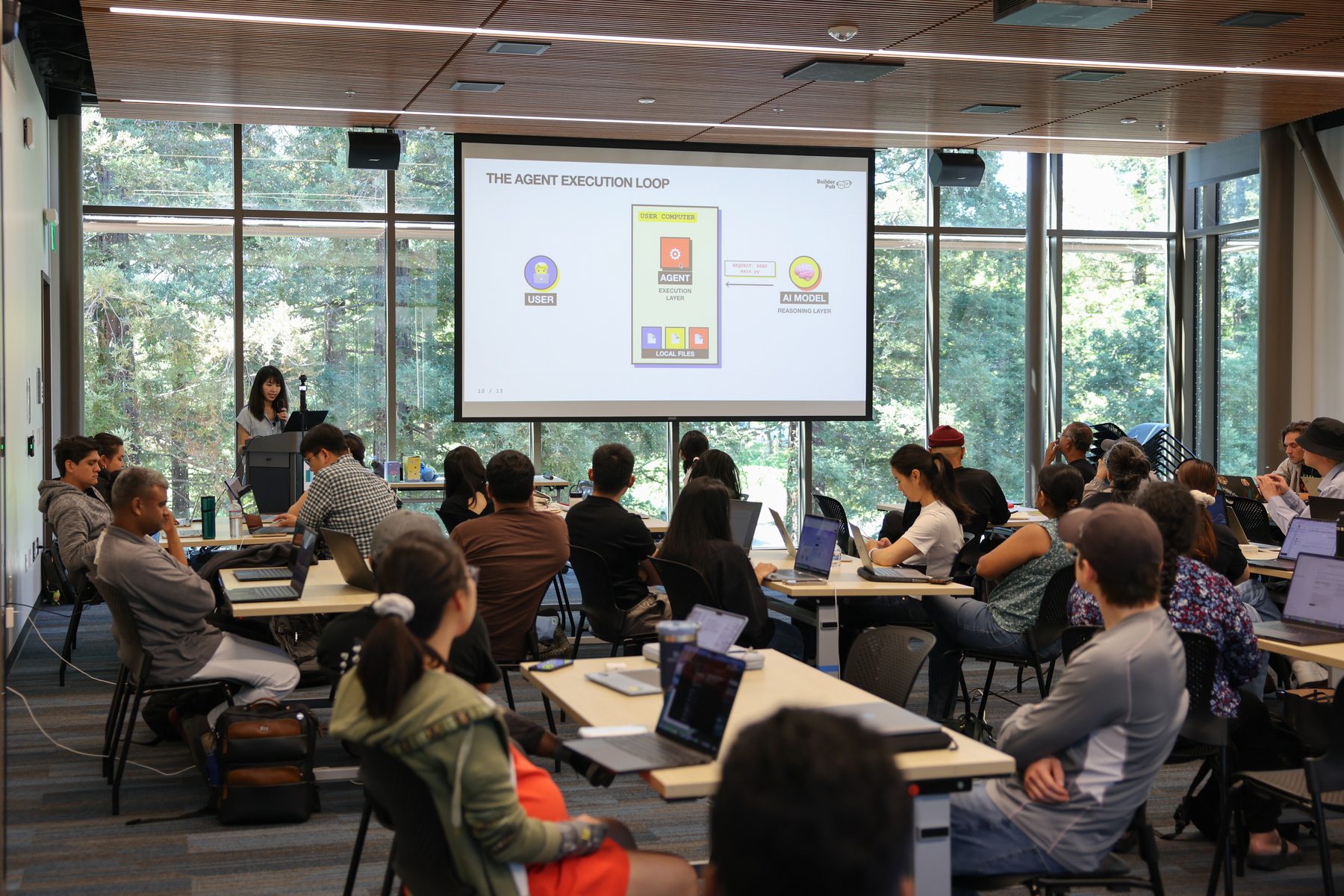 A full room following the agent execution loop session at AI Builder 101 in Cupertino Library.