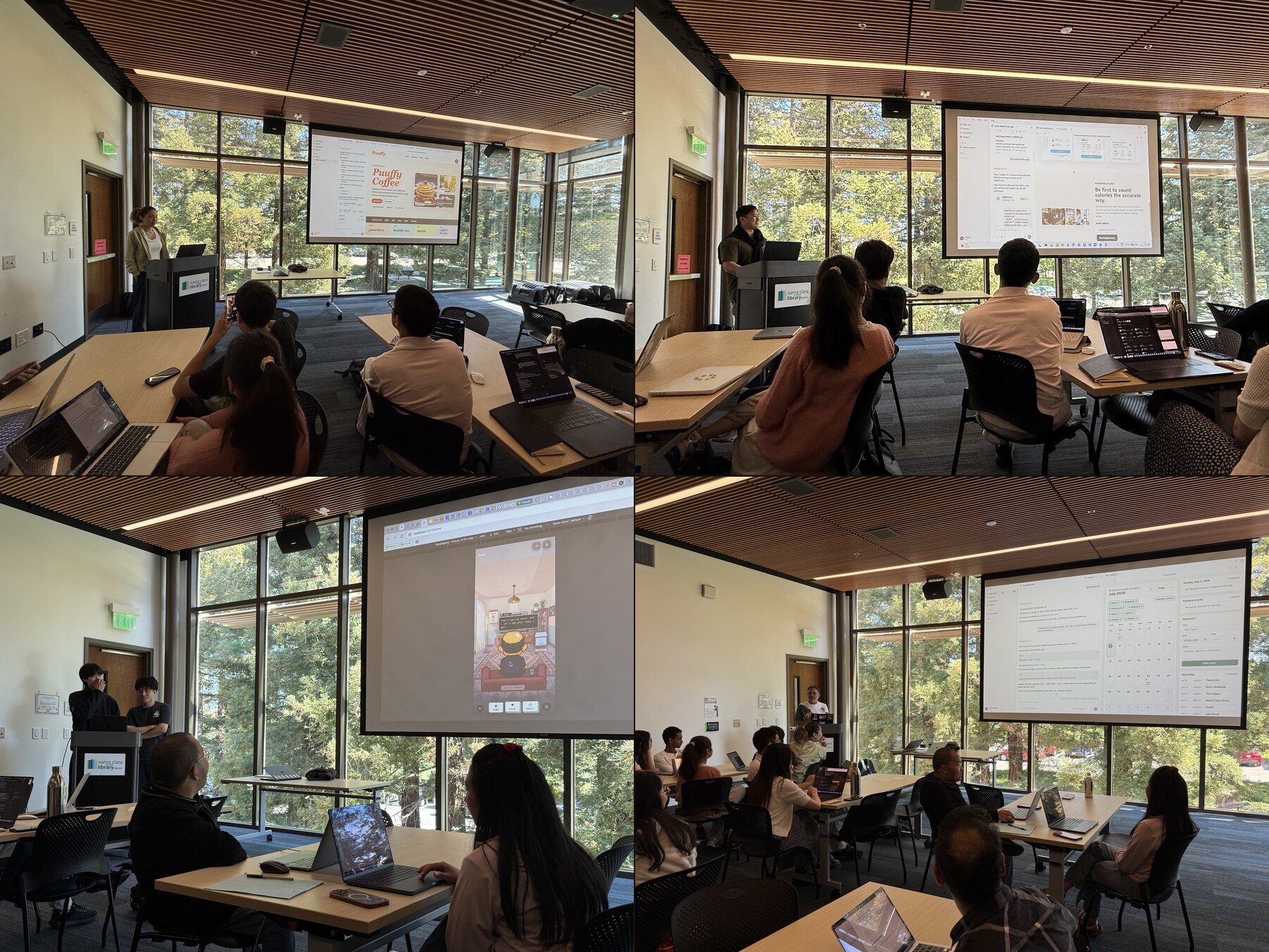 A tight collage of AI Builder 101 project demos, including a cafe site, a calorie calculator, a pixel-art app, and a calendar tool.